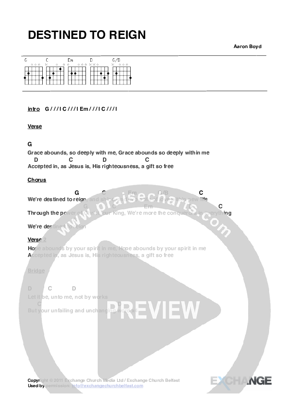 Destined To Reign Chord Chart (Bluetree)