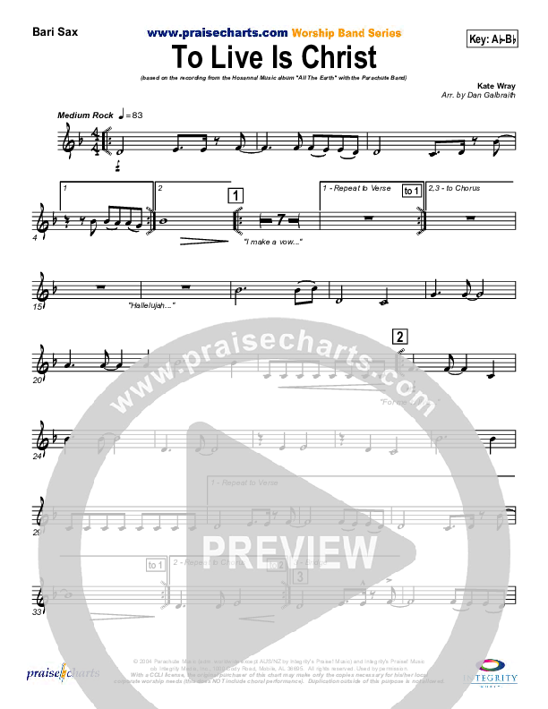 To Live Is Christ Bari Sax (Parachute Band)