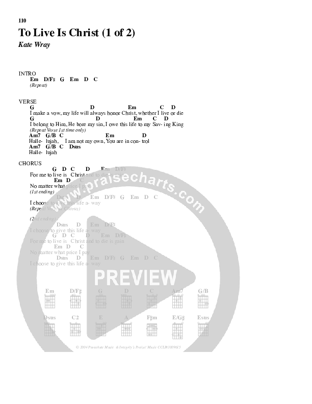 To Live Is Christ Chord Chart (Parachute Band)