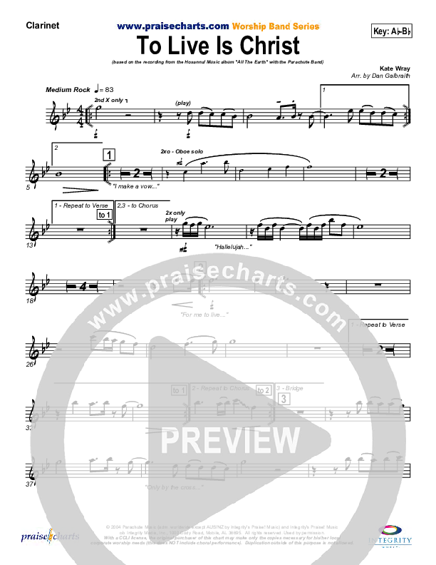 To Live Is Christ Clarinet (Parachute Band)