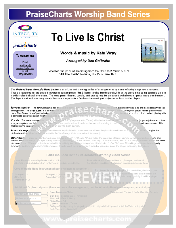 To Live Is Christ Cover Sheet (Parachute Band)