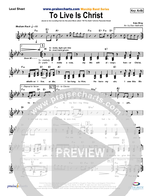 To Live Is Christ Lead Sheet (Parachute Band)
