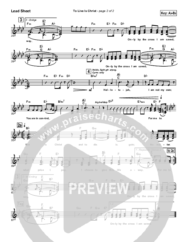 To Live Is Christ Lead Sheet (Parachute Band)