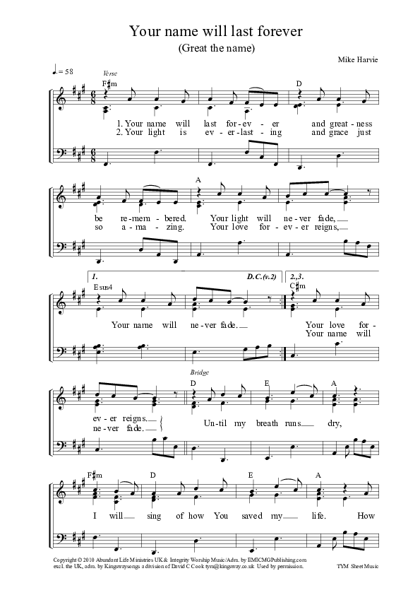 Great The Name Piano Sheet (ALM:uk)