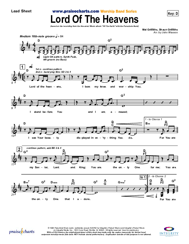 Lord Of The Heavens Lead Sheet (Parachute Band)
