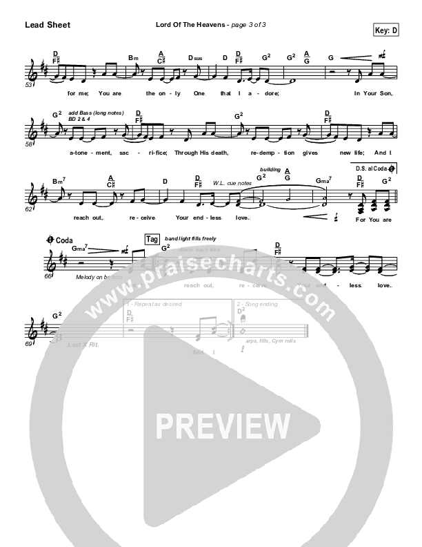 Lord Of The Heavens Lead Sheet (Parachute Band)