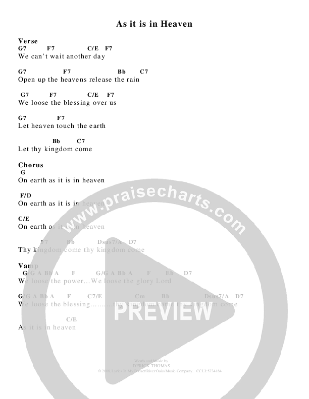 As It Is In Heaven Chords & Lyrics (Derick Thomas)