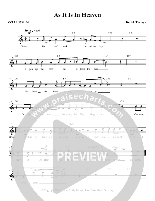As It Is In Heaven Lead Sheet (Derick Thomas)