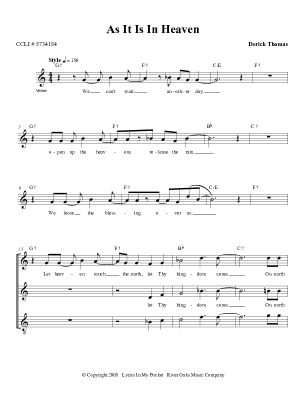 As It Is In Heaven Lead Sheet (Derick Thomas)