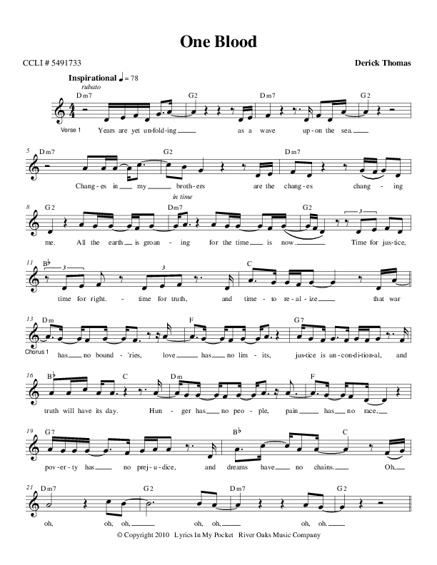 One Blood Lead Sheet (Derick Thomas)
