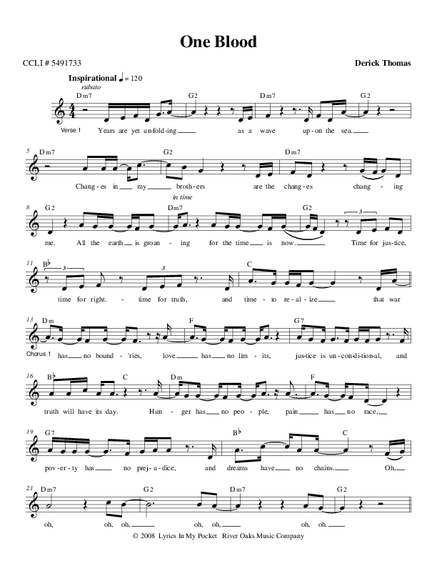 One Blood Lead Sheet (Derick Thomas)
