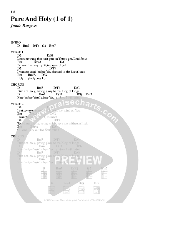 Pure And Holy Chord Chart (Parachute Band)