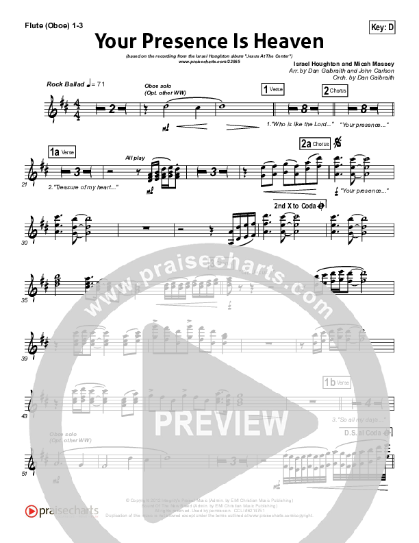 Your Presence Is Heaven To Me Flute/Oboe 1/2/3 (Israel Houghton)