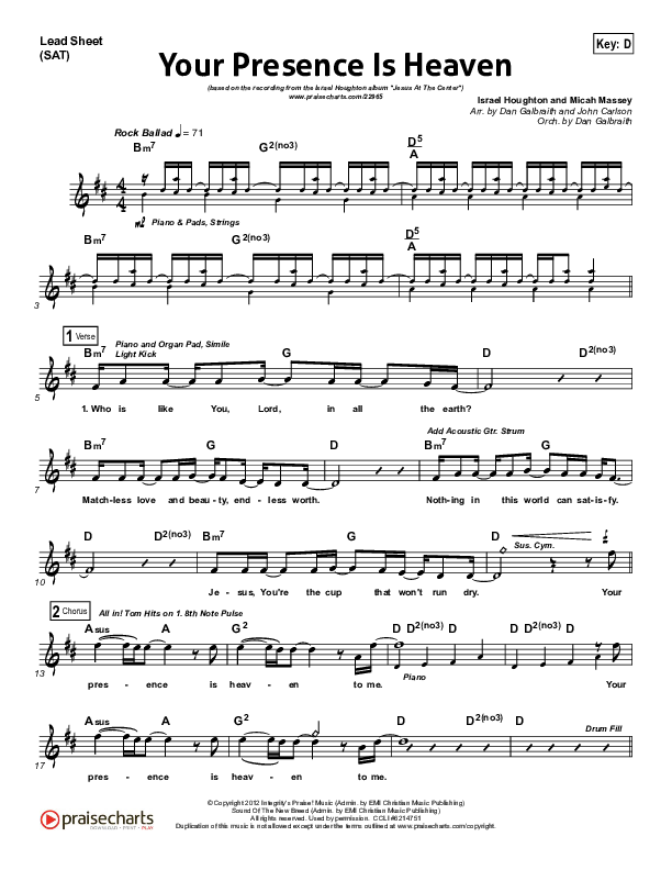 Your Presence Is Heaven To Me Lead Sheet (SAT) (Israel Houghton)