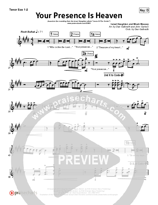 Your Presence Is Heaven To Me Tenor Sax 1/2 (Israel Houghton)