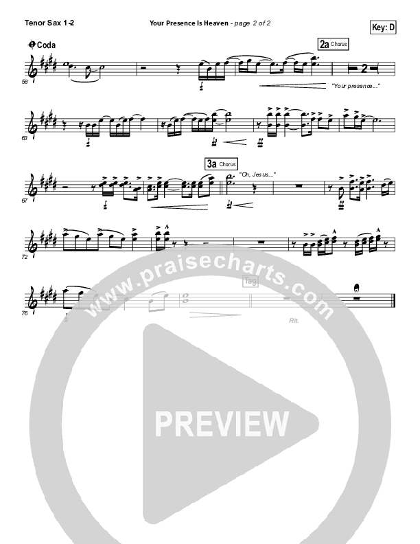 Your Presence Is Heaven To Me Tenor Sax 1/2 (Israel Houghton)
