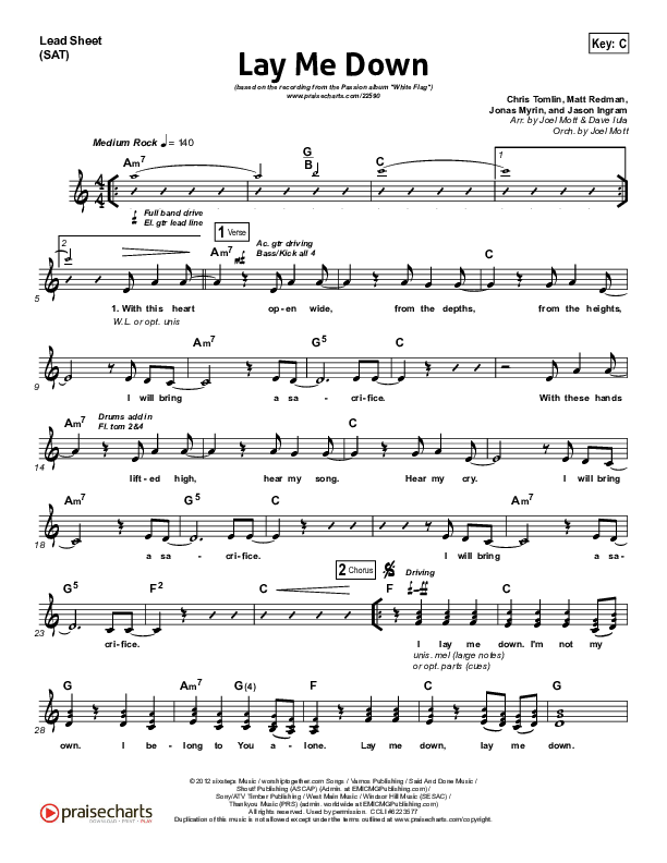Lay Me Down Lead Sheet (SAT) (One Sonic Society)