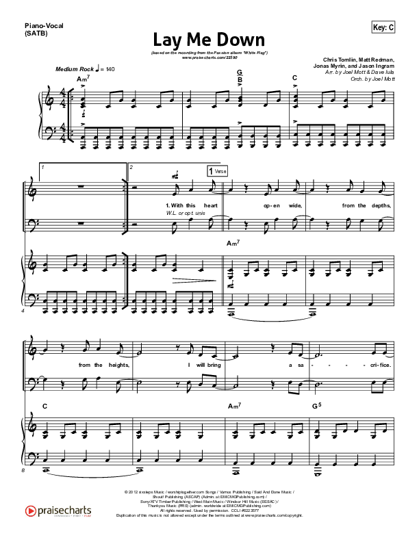 Lay Me Down Piano/Vocal (SATB) (One Sonic Society)