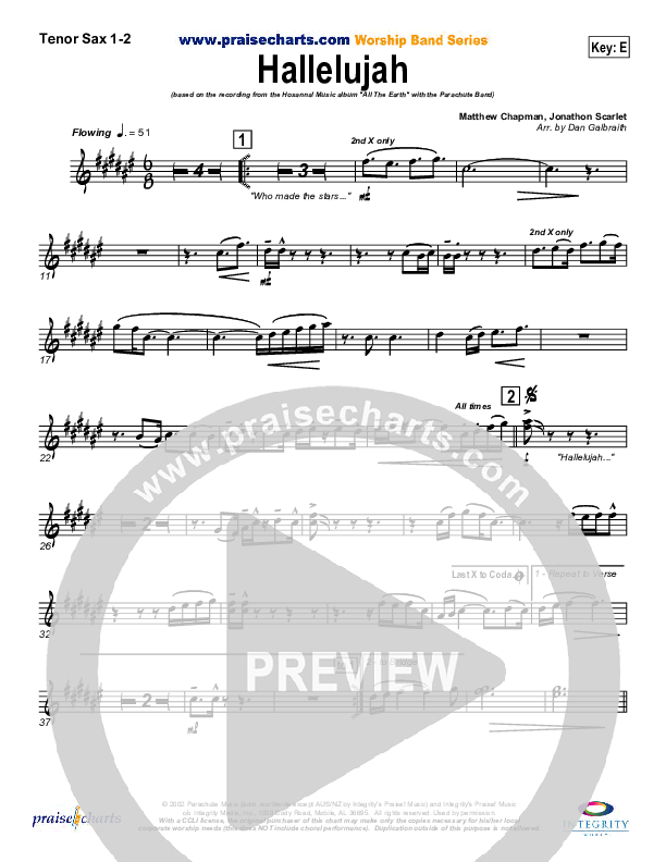 Hallelujah Tenor Sax 1/2 (Parachute Band)