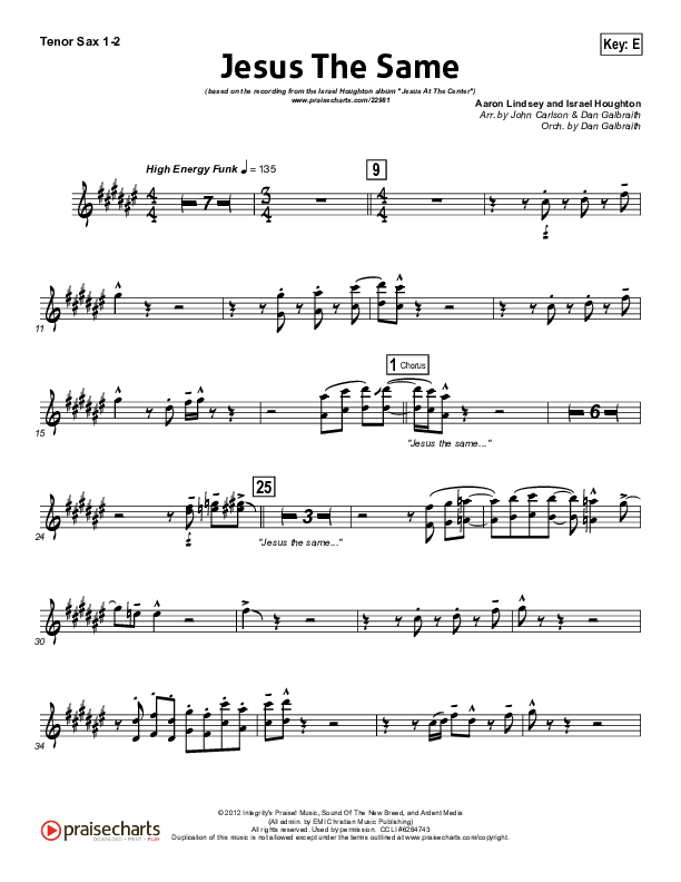 Jesus The Same Tenor Sax 1/2 (Israel Houghton)