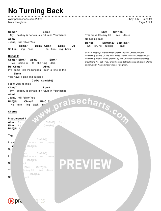 No Turning Back Chords & Lyrics (Israel Houghton)