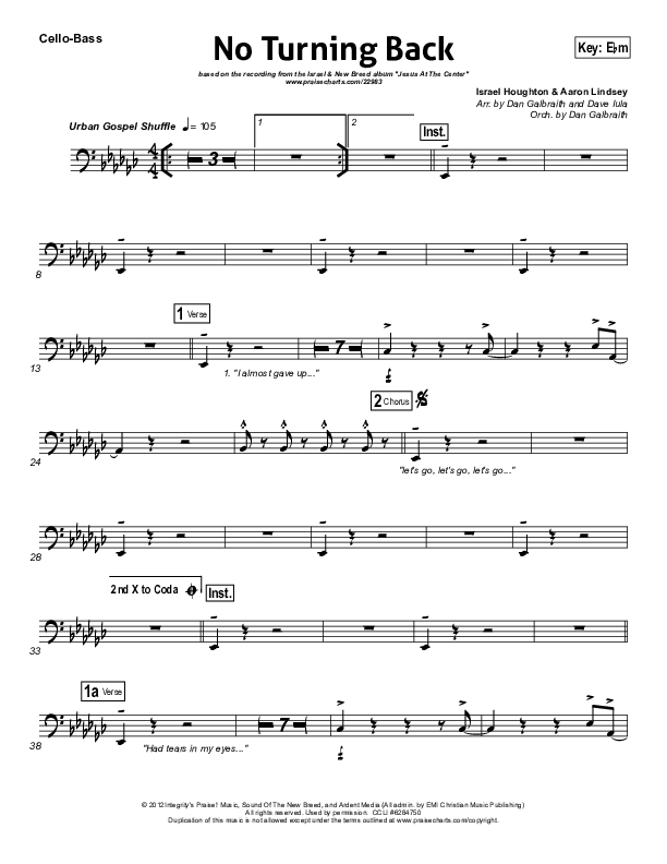 No Turning Back Cello/Bass (Israel Houghton)