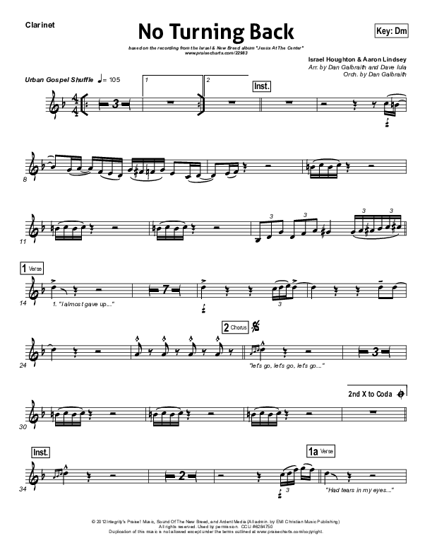 No Turning Back Clarinet (Israel Houghton)
