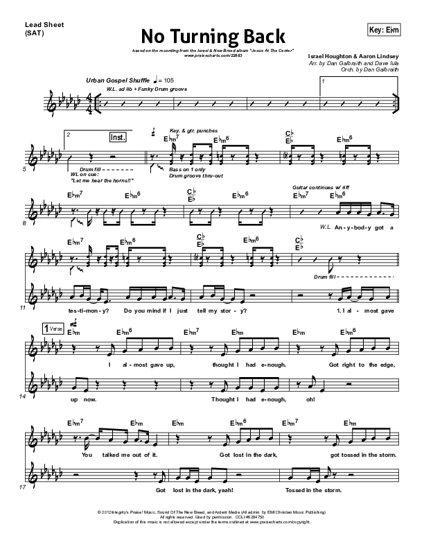 No Turning Back Lead Sheet (Israel Houghton)