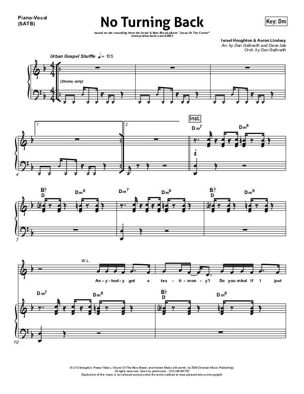 No Turning Back Piano/Vocal (Israel Houghton)