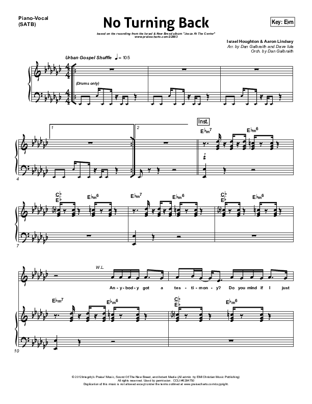 No Turning Back Piano/Vocal & Lead (Israel Houghton)