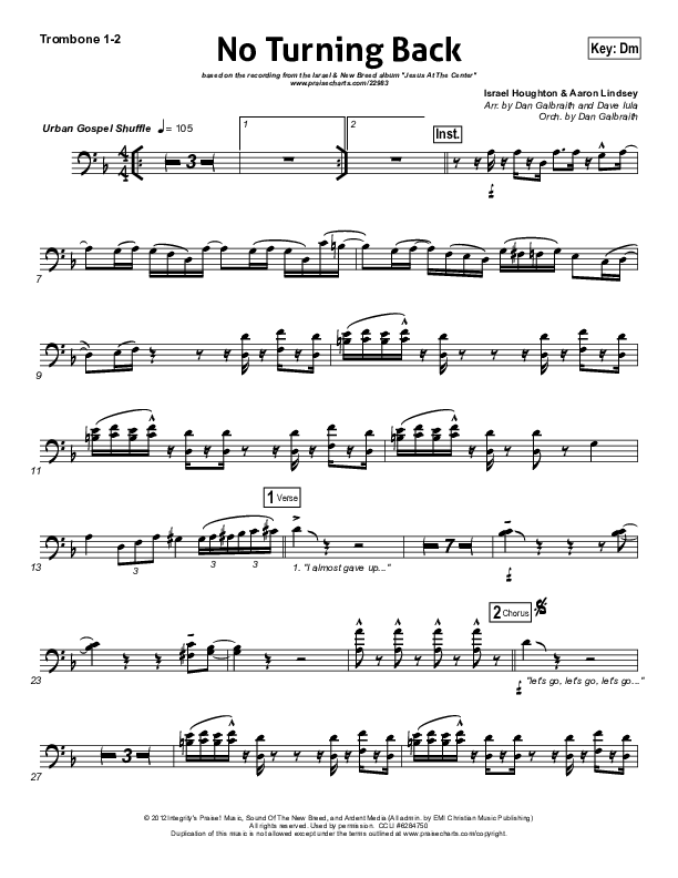 No Turning Back Trombone 1/2 (Israel Houghton)
