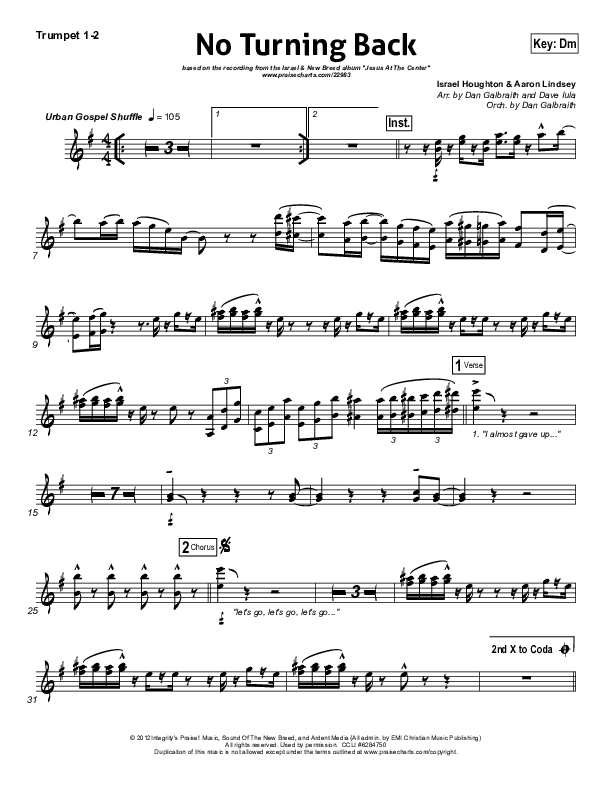 No Turning Back Trumpet 1,2 (Israel Houghton)