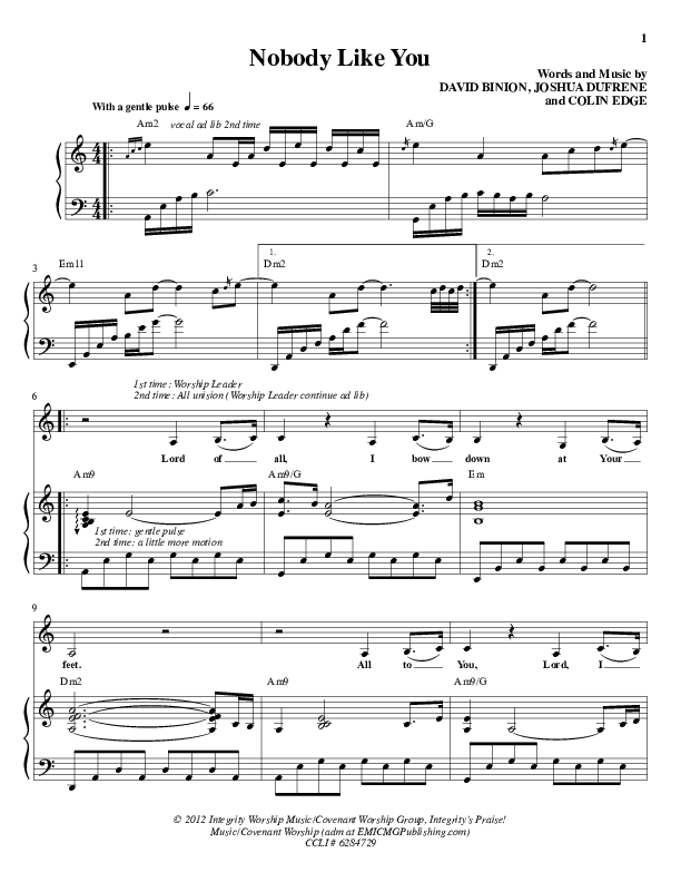 Nobody Like You Piano/Vocal (Covenant Worship)