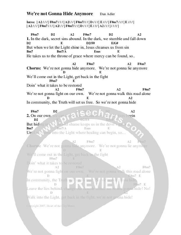 We're Not Gonna Hide Chords PDF (Dan Adler) - PraiseCharts