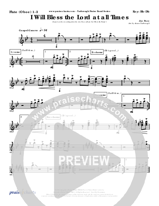 I Will Bless The Lord At All Times Flute/Oboe 1/2/3 (Joe Pace)