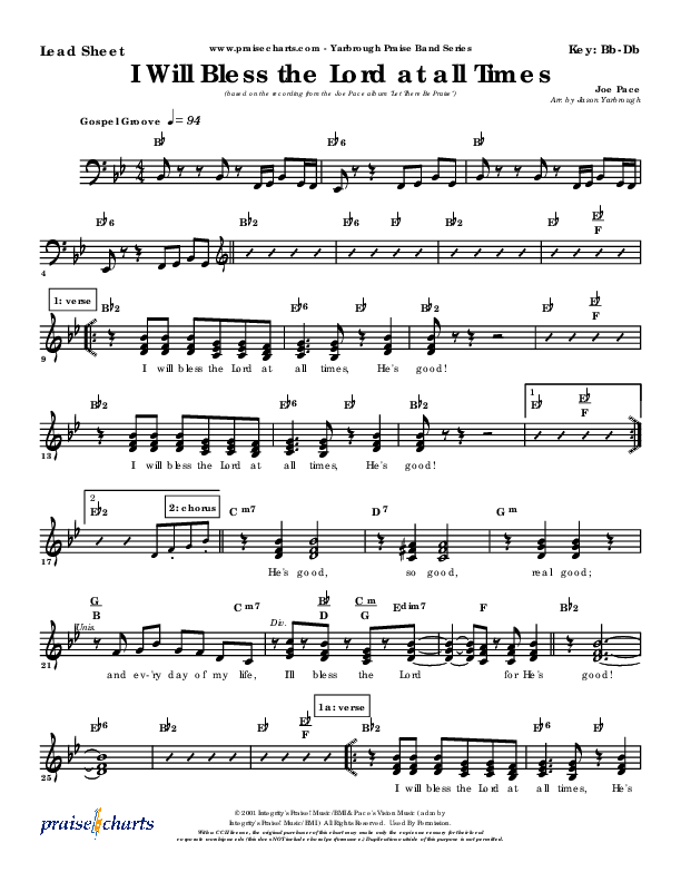 I Will Bless The Lord At All Times Lead Sheet (Joe Pace)