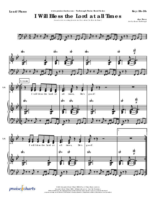 I Will Bless The Lord At All Times Piano/Vocal & Lead (Joe Pace)