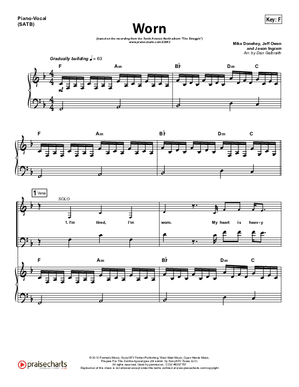 Worn Piano/Vocal (SATB) (Tenth Avenue North)