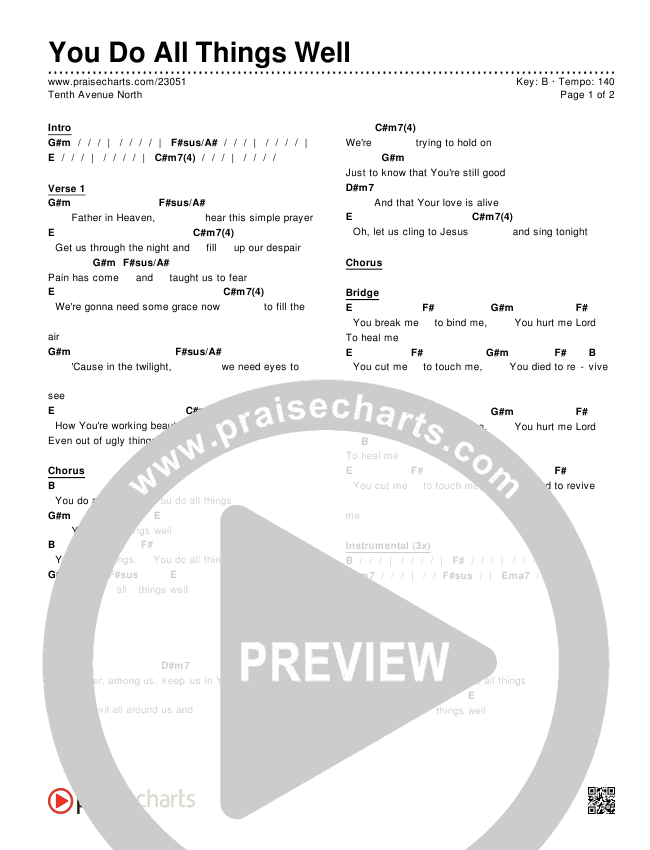 You Do All Things Well Chords & Lyrics (Tenth Avenue North)