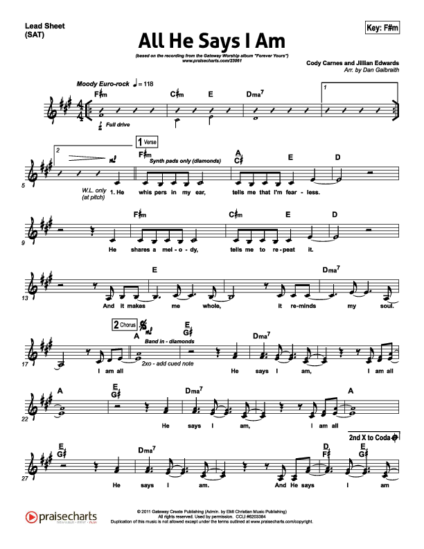 All He Says I Am Lead Sheet (SAT) (Gateway Worship)