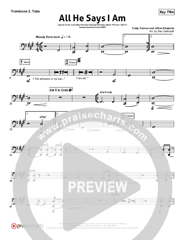 All He Says I Am Trombone 3/Tuba (Gateway Worship)