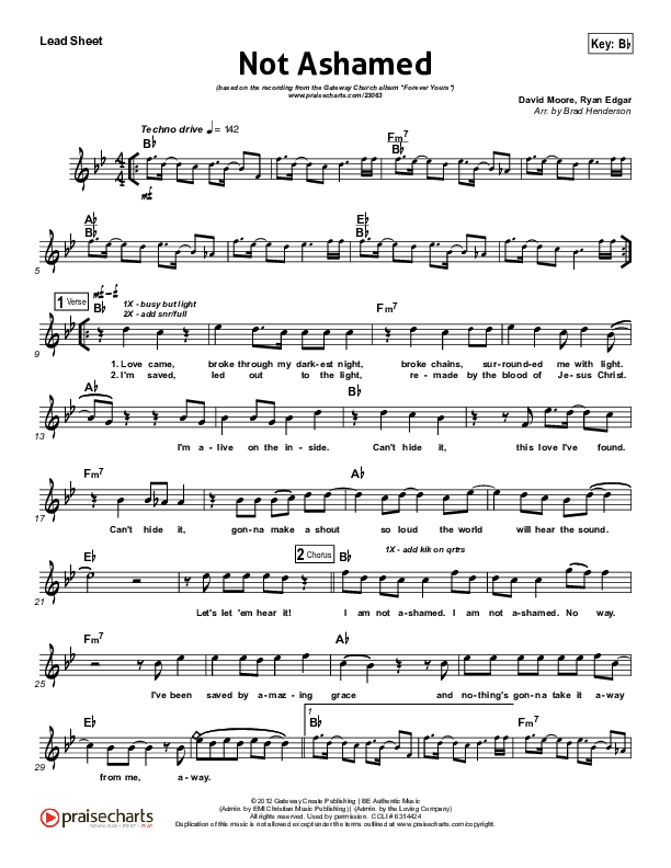Not Ashamed Lead Sheet (Gateway Worship)