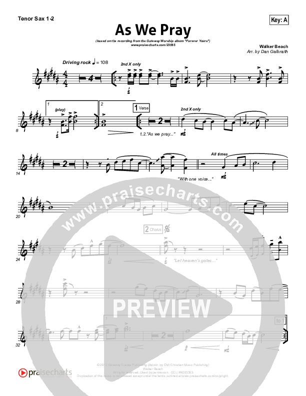 As We Pray Tenor Sax 1/2 (Gateway Worship)