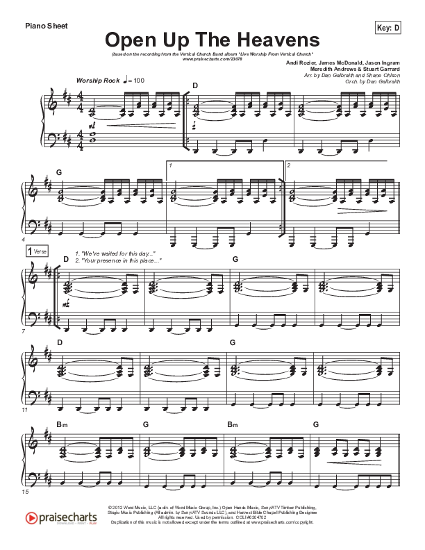 Open Up The Heavens Piano Sheet (Vertical Worship)
