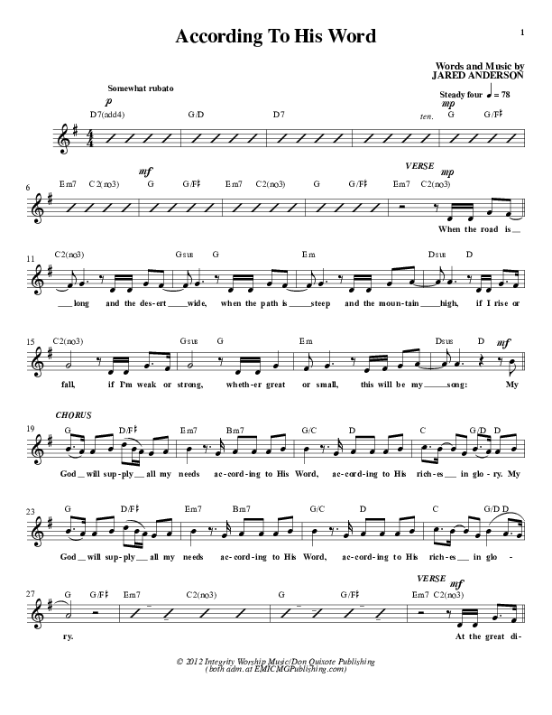 According To His Word Lead Sheet (Jared Anderson)