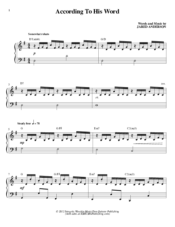 According To His Word Lead & Piano (Jared Anderson)