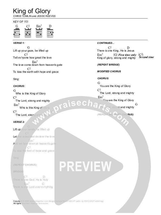 King Of Glory Chord Chart (Chris Tomlin)