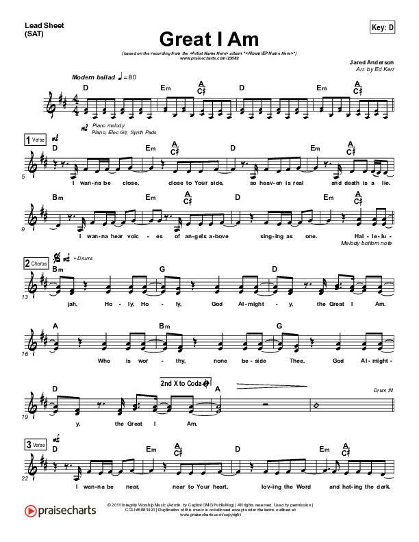 Great I Am Lead Sheet (SAT) (Jared Anderson)