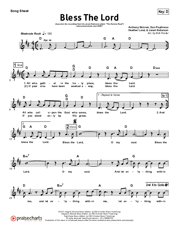Bless The Lord Lead Sheet (Jared Anderson)