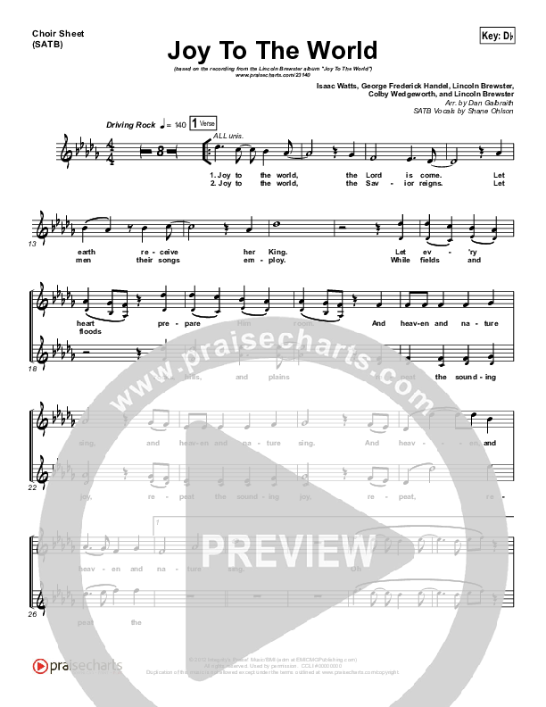 Joy To The World Choir Sheet (SATB) (Lincoln Brewster)